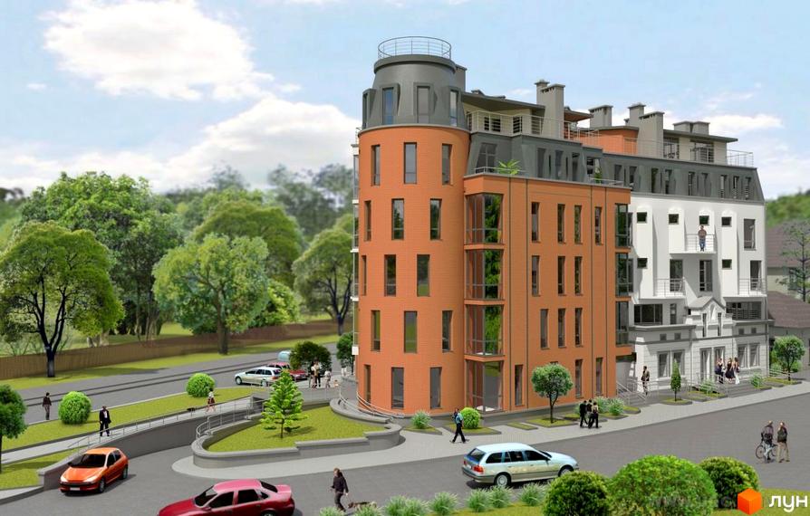 Житловий комплекс на вул. Погулянка, 5 має помаранчевий та білий фасади, округлий кут і зелену прибудинкову територію.