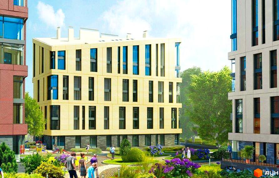 Новобудова ЖК Spectrum з жовтим фасадом та блакитними вікнами. На прибудинковій території розташовані зелені насадження та зони відпочинку для мешканців.