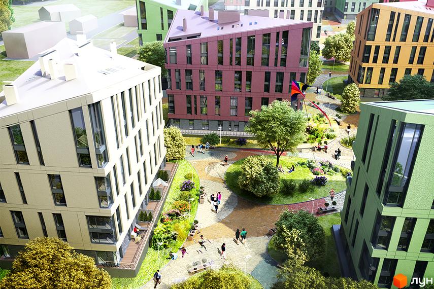 Житловий комплекс Spectrum: фасади будинків з різнокольоровими елементами та панорамними вікнами. Прибудинкова територія з зеленими зонами, доріжками та зонами відпочинку для мешканців.