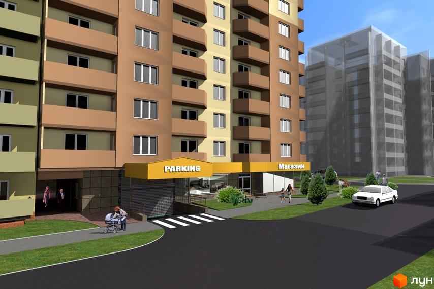 Зовнішній вигляд новобудови ЖК Особняк-К з магазином та паркінгом. Прибудинкова територія з дорогою, деревами та людьми.