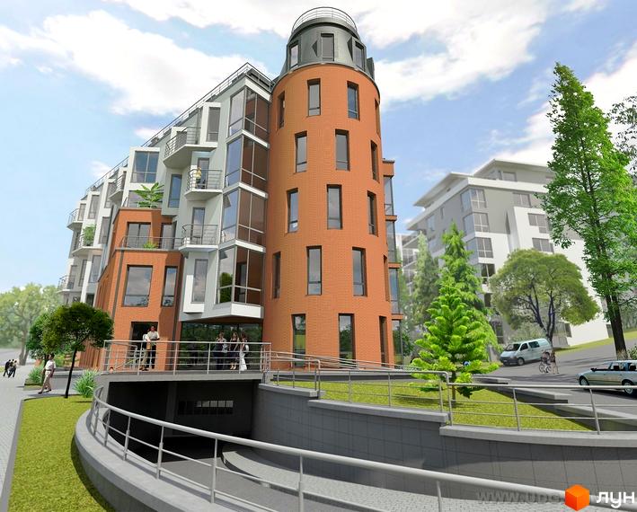 Будівельний проєкт на вул. Погулянка, 5. Багатоповерховий будинок з цегляною вежею та балконами. Територія з деревами та дорогою.