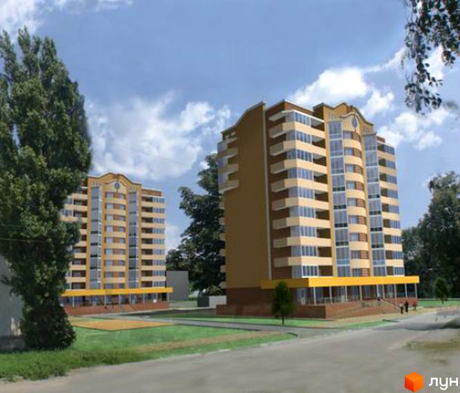 Житловий комплекс на вулиці Уютна, 22. Двоповерхові будинки з жовтими фасадами та великими вікнами. Навколо зелена територія з деревами та газонами.