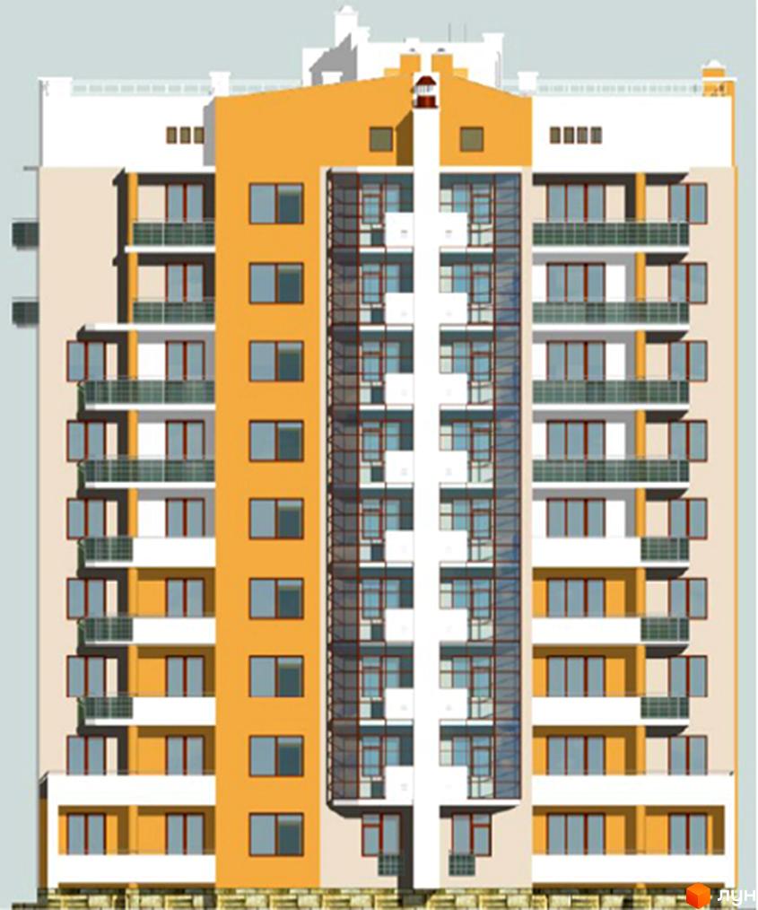 Фасад новобудови на вул. Шафарика, 6а у бежевих та помаранчевих тонах, з центральною скляною секцією. Будинок має численні вікна та балкони.