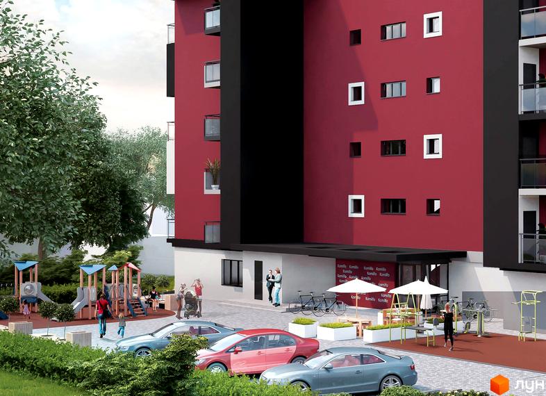 Житловий комплекс Комільфо: червоно-чорний будинок з балконами та вікнами. Прибудинкова територія з дитячим майданчиком, тренажерами та автомобілями.