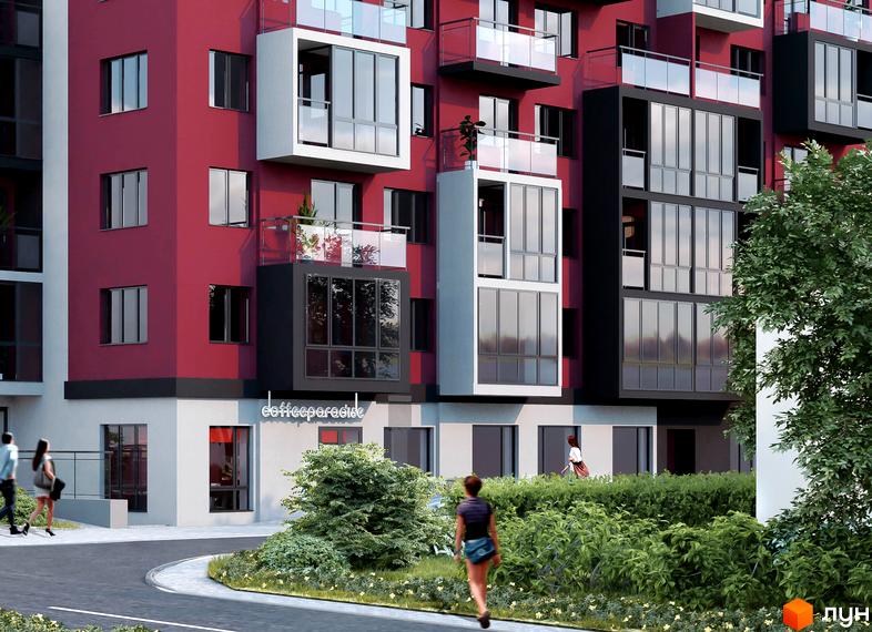 Житловий комплекс Комільфо: фасади будівель з червоними та сірими елементами, скляними балконами та вікнами. Навколо зелені насадження та доріжка.