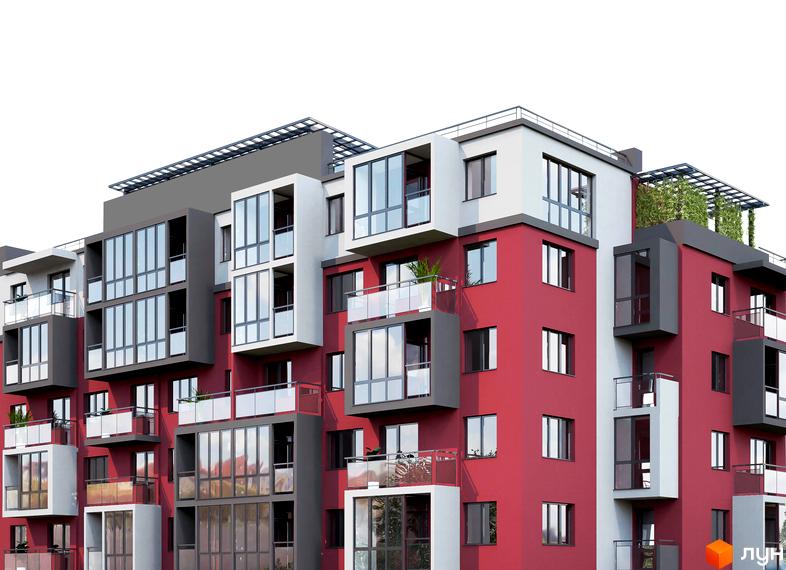 Зовнішній вигляд житлового комплексу Комільфо: багатоповерховий будинок з червоними та сірими фасадами, великими панорамними вікнами та скляними балконами. На верхньому поверсі розташована зелена тераса.