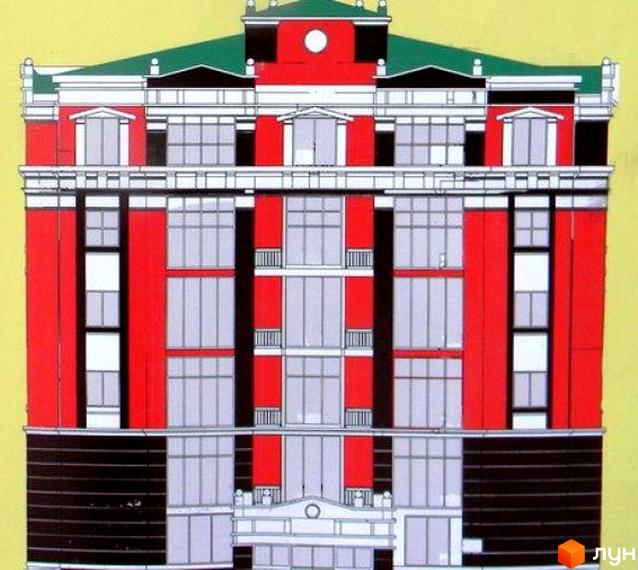 Фасад багатоповерхового житлового комплексу на вул. Соборна, 73, з червоним оздобленням, білими акцентами та зеленим дахом.