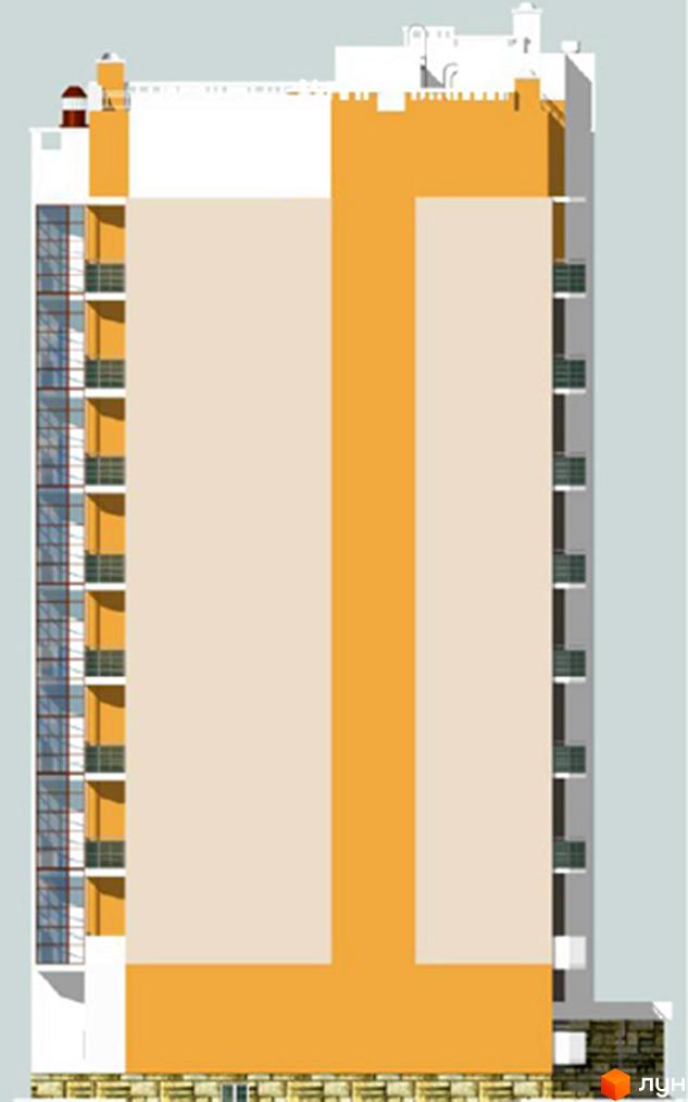 Фасад новобудови на вул. Шафарика, 6а з бежевими стінами, помаранчевими вертикальними елементами та балконами. Цоколь оздоблений каменем.