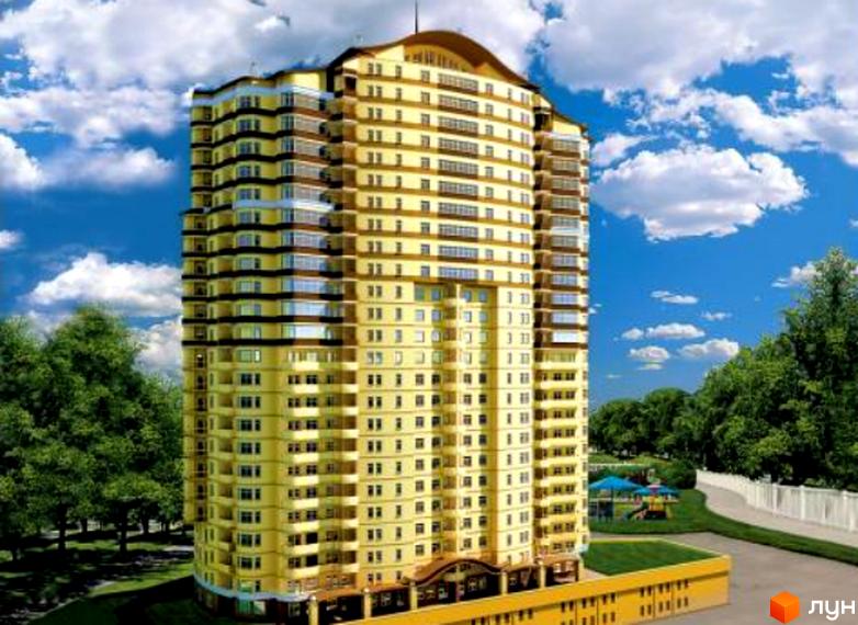 Висотна будівля ЖК Aston Park з великою кількістю вікон. На території комплексу є зелені насадження та дитячий майданчик.