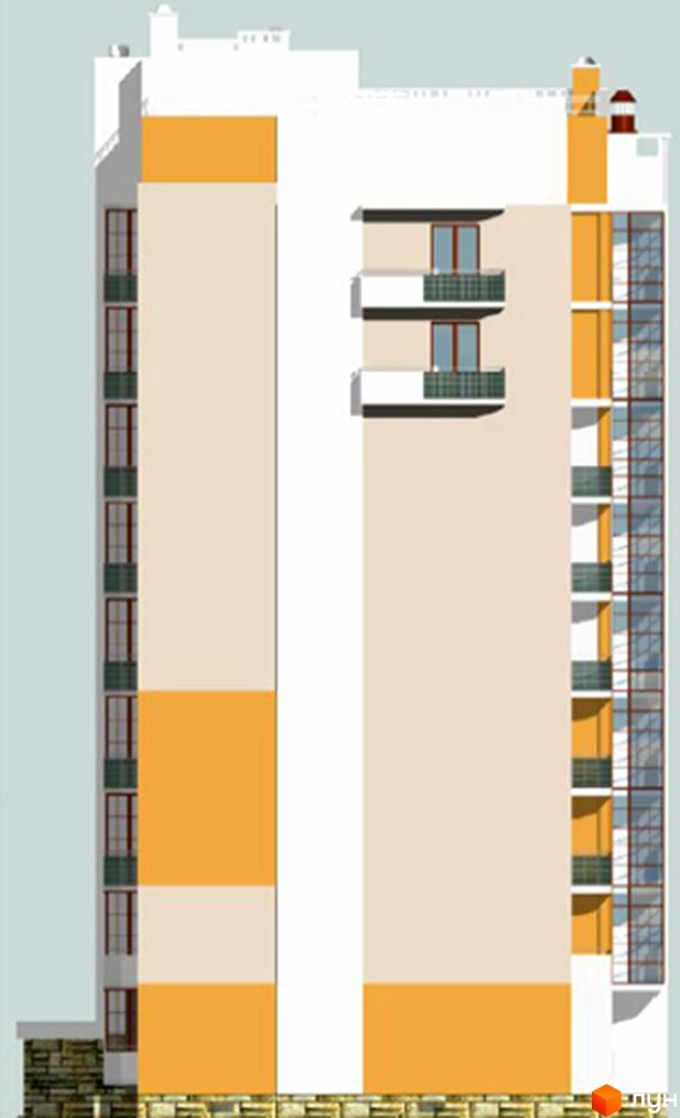 Фасад новобудови бежевого кольору з помаранчевими акцентами. Будівля має вікна, балкони та засклені лоджії, цоколь облицьований каменем.