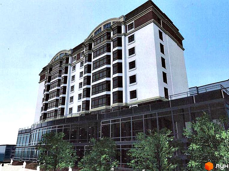 Зовнішній вигляд житлового комплексу Еталон з білими фасадами та темними вікнами. На передньому плані видно скляний перший поверх та зелені дерева.