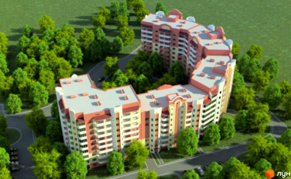 Житловий комплекс Золота підкова - це проєкт з вигнутими корпусами, оздобленими світлою та рожевою цеглою. Навколо комплексу розташовані зелені дерева та доглянута прибудинкова територія.