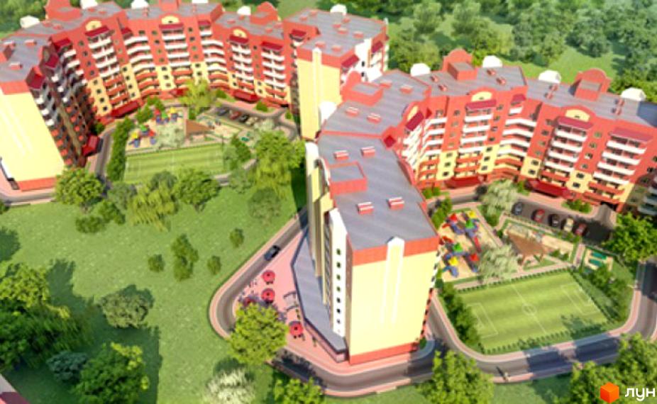 Житловий комплекс Золота підкова: багатоповерхові секції червоного та жовтого кольору. Територія має зелені зони, дитячий майданчик та спортивне поле.