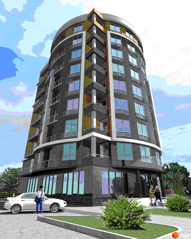 Багатоповерхова новобудова на вул. Кримська, 107, має округлий темний фасад з великими вікнами та балконами. Прибудинкова територія облаштована зеленню та доріжками.