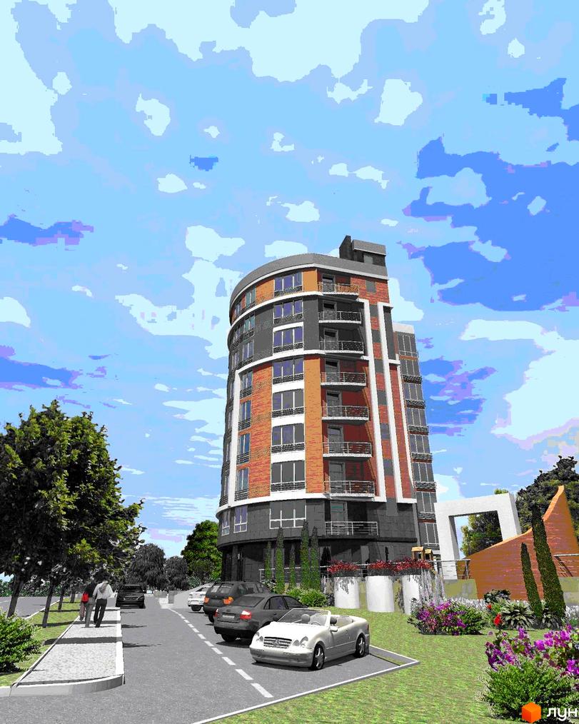 Житловий комплекс на вул. Кримська, 107 з округлим фасадом, балконами та комбінованим оздобленням. Прибудинкова територія має дорогу, парковку, зелені насадження та квіти.