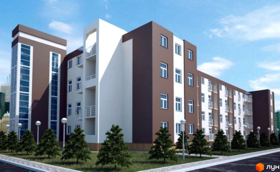 Новобудова на вул. Хотинська, 43а з коричнево-білим фасадом та балконами. Прибудинкова територія з зеленими насадженнями та ліхтарями.