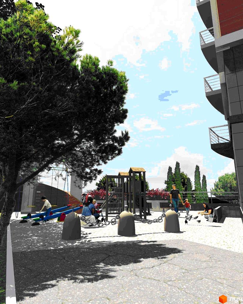 Фасад багатоповерхового будинку з вигнутими балконами, поруч облаштований дитячий майданчик з гойдалками та ігровими спорудами.