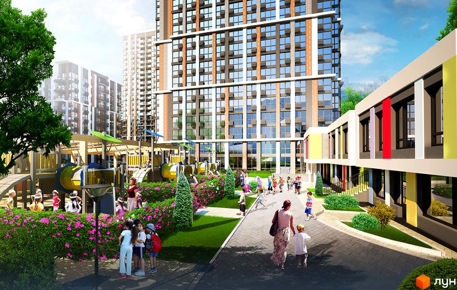 Житловий комплекс Французький квартал 2: сучасна архітектура будівель та облаштований дитячий майданчик з зонами для відпочинку. Нова новобудова для вашої родини.