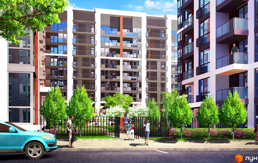Зовнішній вигляд ЖК Французький квартал 2: багатоповерхові будинки з балконами та великими вікнами. Прибудинкова територія з деревами, квітами та дитячим майданчиком.