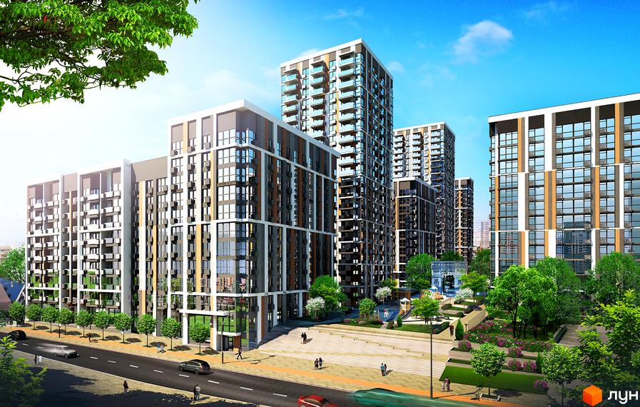 Новобудова Французький квартал 2: сучасні багатоповерхові будинки з панорамними вікнами та балконами. Прибудинкова територія з зеленими зонами та місцями для відпочинку.