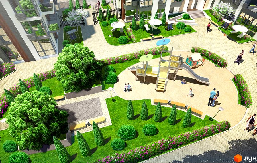 Житловий комплекс Французький квартал 2. Сучасний житловий будинок з дитячим майданчиком та зеленими зонами відпочинку.