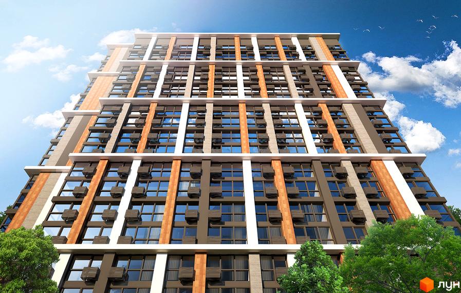 Новобудова Французький квартал 2. Багатоповерховий будинок з коричневими, сірими та білими вертикальними елементами та великою кількістю вікон. Навколо зелені дерева та блакитне небо з хмарами.