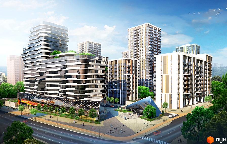 Новобудова ЖК Французький квартал 2 з хвилястим фасадом та скляними елементами. Навколо комплексу зелена зона з деревами та пішохідними доріжками.