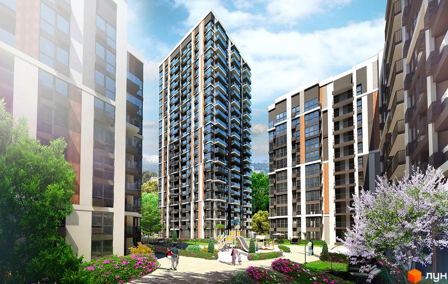 Житловий комплекс Французький квартал 2: високі будинки з панорамними вікнами та балконами, зелена прибудинкова територія з дитячим майданчиком та зонами відпочинку.