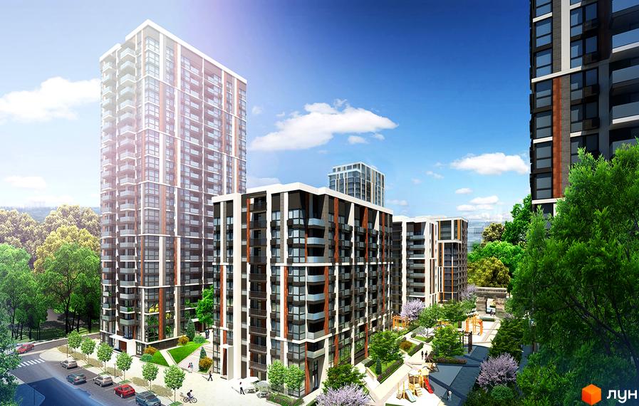 Житловий комплекс Французький квартал 2 - це сучасна архітектура з багатоповерховими будинками та доглянутою прибудинковою територією з зонами відпочинку та дитячими майданчиками.