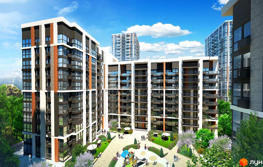 Житловий комплекс Французький квартал 2 з фасадами з темних та світлих панелей та скляними балконами. На території є зелені зони та дитячий майданчик.