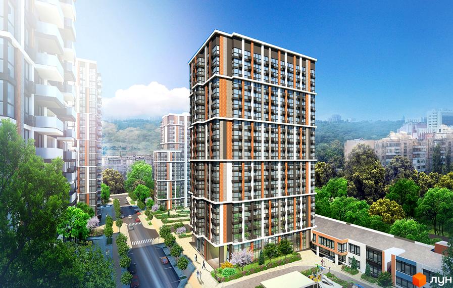 Новобудова ЖК Французький квартал 2 з багатоповерховими будинками та прибудинковою територією з деревами та дорогою. Зовнішній вигляд будівель та зелена зона.