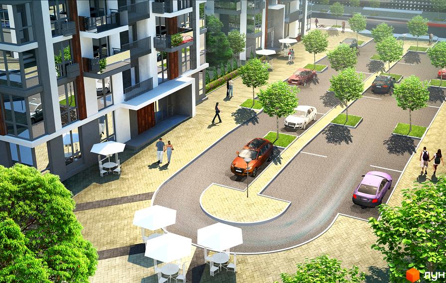 Зовнішній вигляд новобудови ЖК Французький квартал 2 з паркуванням та зонами відпочинку. Озеленена прибудинкова територія з деревами та місцями для відпочинку.