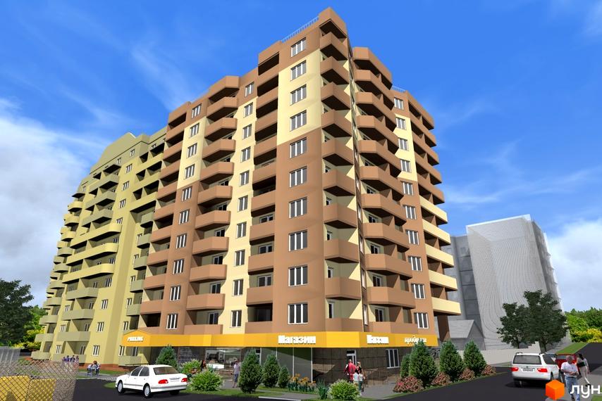 Житловий комплекс Особняк-К: багатоповерховий будинок з балконами та комерційними приміщеннями на першому поверсі. Поруч розташована прибудинкова територія з деревами та автомобілями.