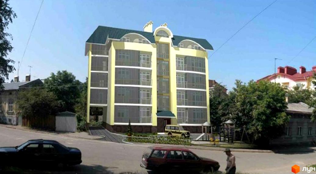 Новобудова на вул. Кутова, 5: п'ятиповерховий будинок світло-жовтого кольору з вигнутим зеленим дахом та заскленими балконами. Поруч облаштована прибудинкова територія.