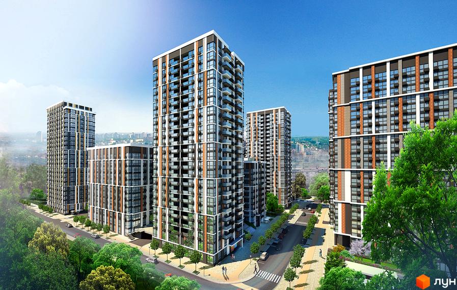 Житловий комплекс Французький квартал 2. Сучасні багатоповерхові будинки з панорамними вікнами та балконами, зелена прибудинкова територія з деревами та дорогою.