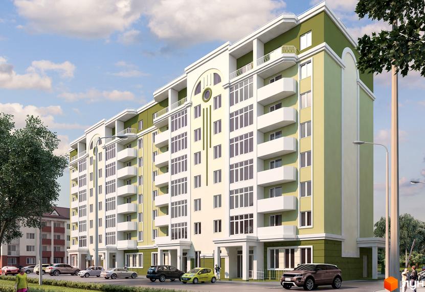 Зовнішній вигляд багатоповерхового будинку ЖК Петропавлівський посад з балконами та великими вікнами. Перед будинком розташована прибудинкова територія з автомобілями.