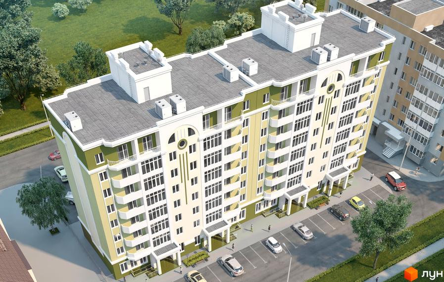 Зовнішній вигляд житлового комплексу Петропавлівський посад з зеленими та бежевими фасадами, численними вікнами та балконами. На прибудинковій території розташовані паркувальні місця та зелені насадження.