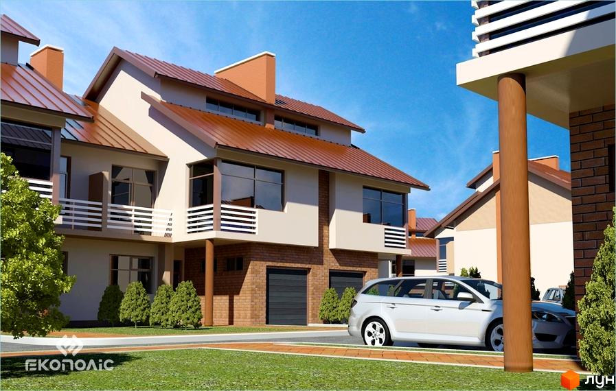 Двоповерхові котеджі Котеджного містечка Паркове з коричневими дахами та світлими фасадами. На території зелені газони, доріжки та припаркований автомобіль.