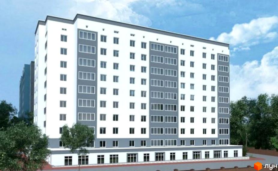 Зовнішній вигляд новобудови ЖК Родинний: багатоповерховий будинок з білими та сірими фасадами, великою кількістю вікон. Навколо будинку зелені дерева та хмарне небо.