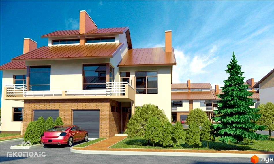 Містечко котеджів Паркове: світлий будинок з коричневим дахом, великими вікнами та гаражем. Прибудинкова територія озеленена деревами.