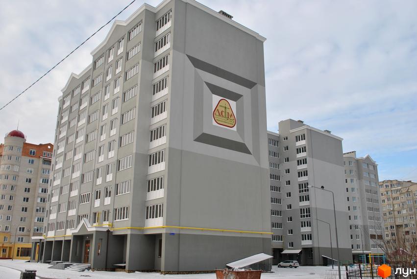 Новобудова на вулиці Липинського, 11, з сірим фасадом та білими вікнами. Поруч розташовані інші будинки та елементи прибудинкової території.