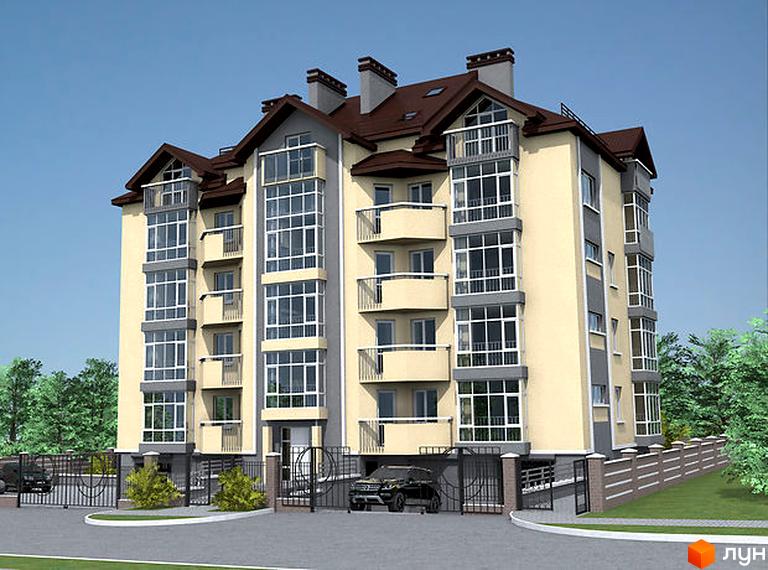 Зовнішній вигляд житлового комплексу Гостинний дім з великими вікнами та балконами. На прибудинковій території видно паркан та зелені насадження.