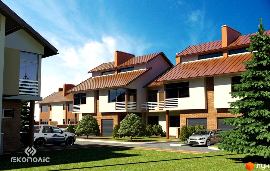 Котеджне містечко Паркове: ряд двоповерхових будинків з коричневими дахами, світлими фасадами, балконами та гаражами. Прибудинкова територія з газонами та деревами.