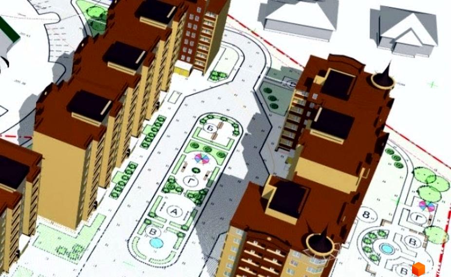 Візуалізація житлового комплексу на вул. Єршова / вул. Відродження. Будівельний проєкт з багатоповерховими будинками та облаштованою прибудинковою територією з зеленими зонами та місцями для відпочинку.