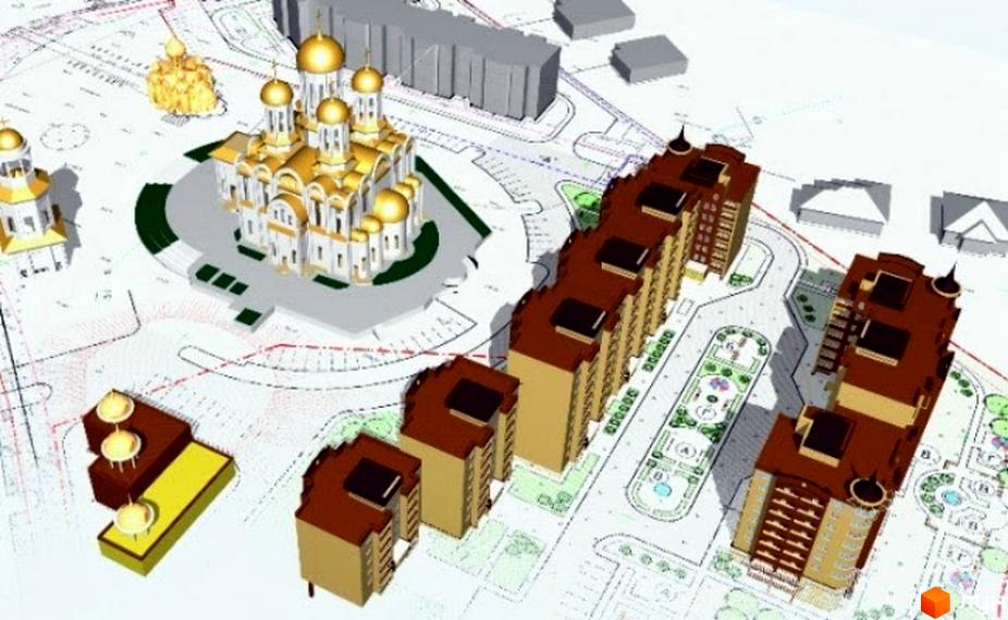 Проєкт житлового комплексу на вул. Єршова / вул. Відродження. Триповерхові будинки з коричневими дахами та світлими стінами, поруч розташована церква з золотими куполами та багатоповерхові будинки.