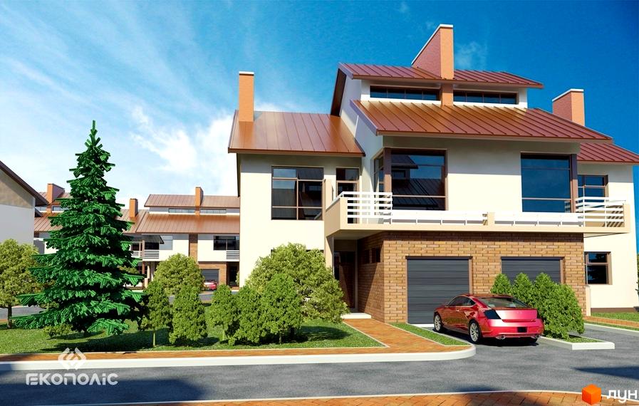 Зображення будинку Котеджного містечка Паркове з світлими стінами, коричневим дахом та гаражами. Прибудинкова територія має зелені дерева та доріжки.