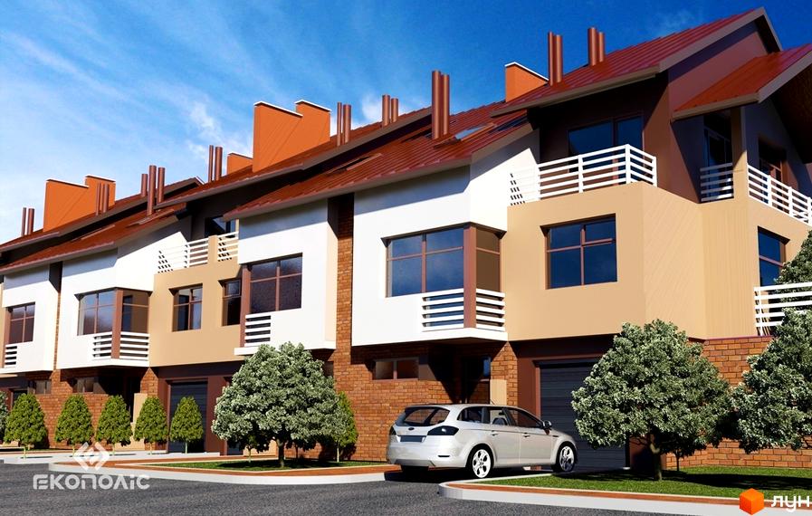 Котеджне містечко Паркове: ряд котеджів з коричневими дахами, світлими фасадами, балконами та гаражами. Прибудинкова територія з зеленими насадженнями та парковкою.