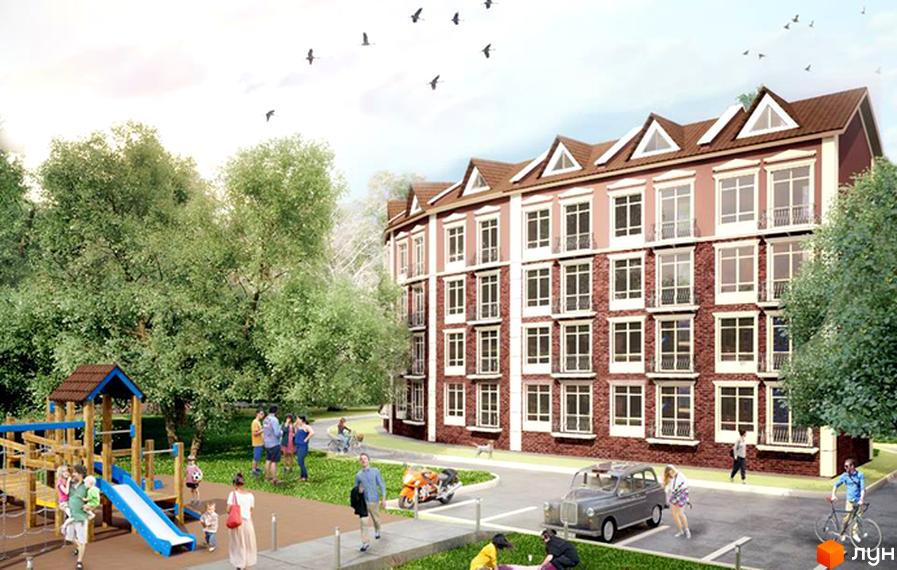 Новобудова ЖК Гавань з цегляним фасадом та численними вікнами. На прибудинковій території дитячий майданчик, зелені насадження та місця для паркування.