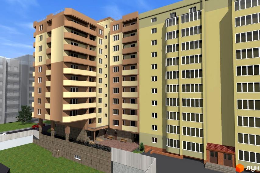 Житловий комплекс Особняк-К. Багатоповерховий будинок з балконами та великою кількістю вікон. Прибудинкова територія з зеленими насадженнями та парканом.