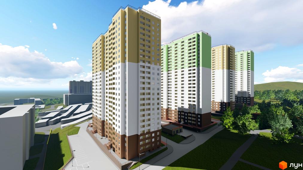 Новобудова ЖК Ярославичі-2: високі будинки з білими, коричневими та жовтими фасадами. Прибудинкова територія з зеленими зонами та парковкою.